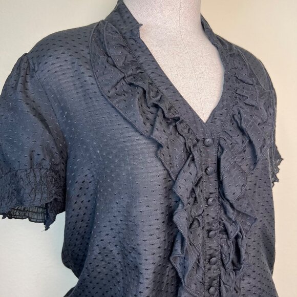 ESLEY Black Ruffle Button Short Sleeve Blouse Top Size Large - Picture 3 of 8